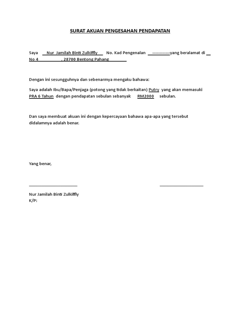 Contoh Surat Pengesahan Pendapatan Bapa