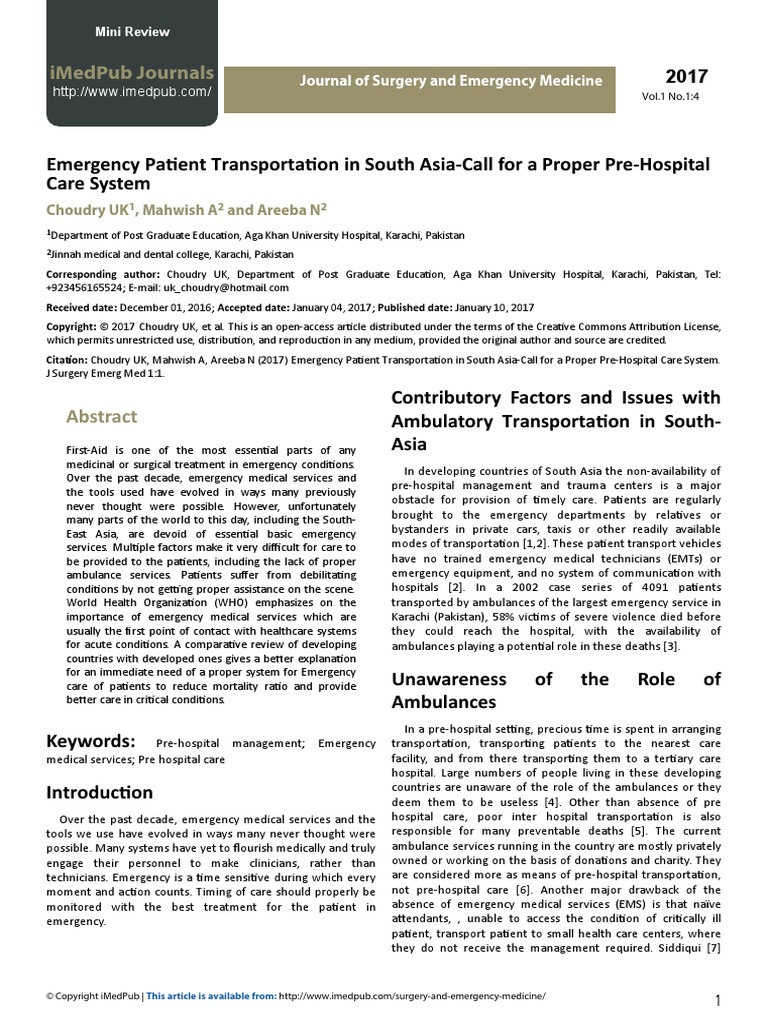 Journal Emergency Patient Transportation in South Asiacall For A Proper