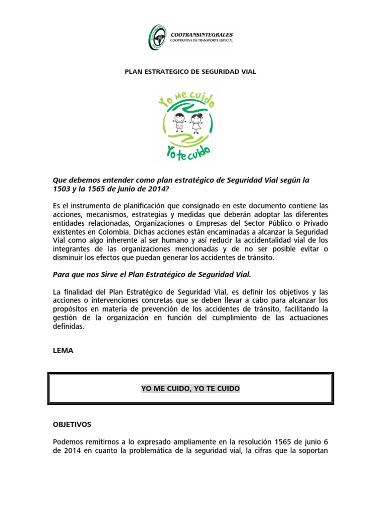 Cootransintegrales Plan Estrategico de Seguridad Vial | PDF | Accidente ...