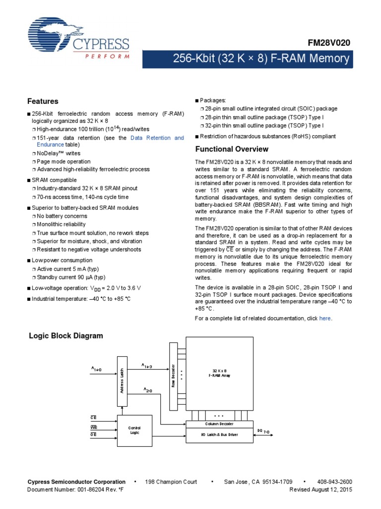 256-Kbit (32 K × 8) F-RAM Memory: Features | PDF | Random Access Memory ...