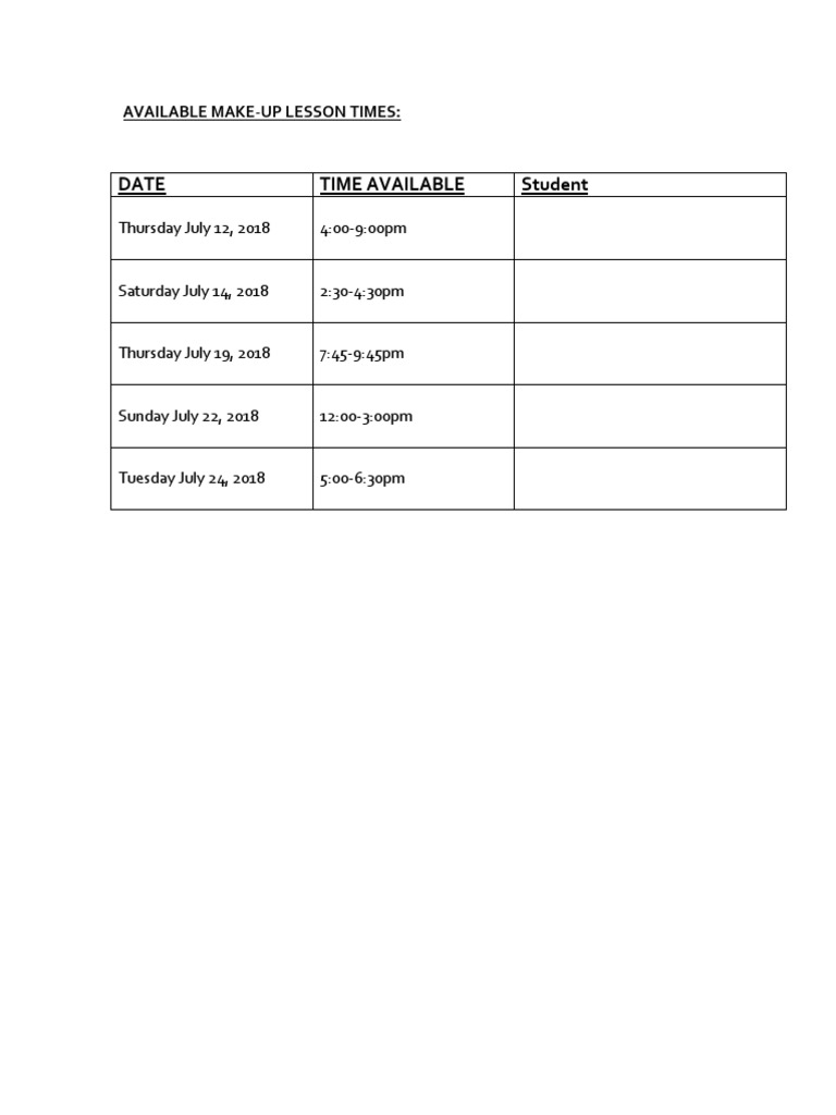 Available Make-Up Lesson Schedule | PDF