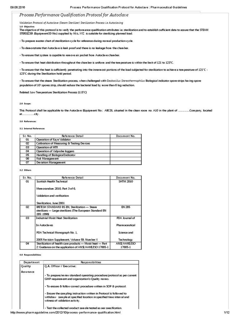 Process Performance Qualification Protocol For Autoclave