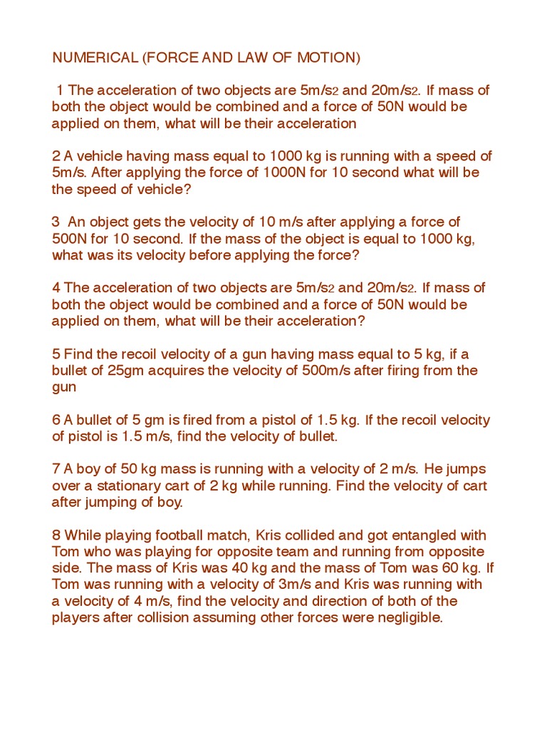 Numerical Force and Motion Problems | PDF | Inertia | Momentum