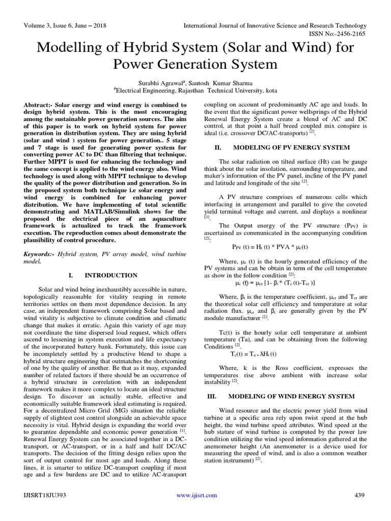 Modelling of Hybrid System (Solar and Wind) For Power Generation System ...
