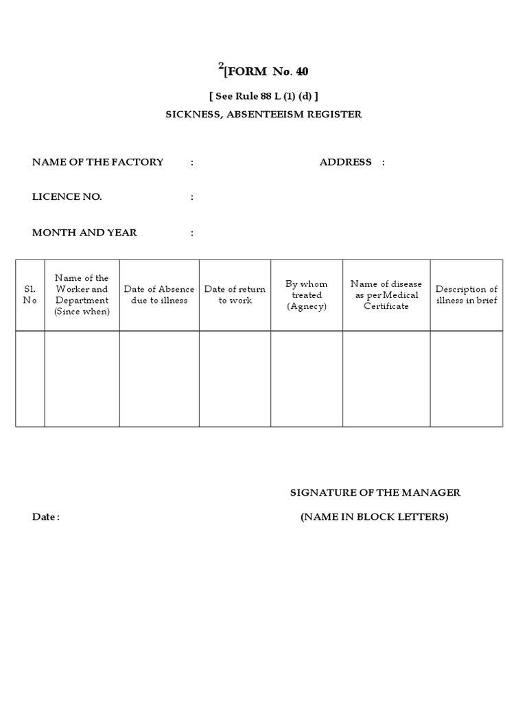 Sick Leave Register Form No. 40 | PDF