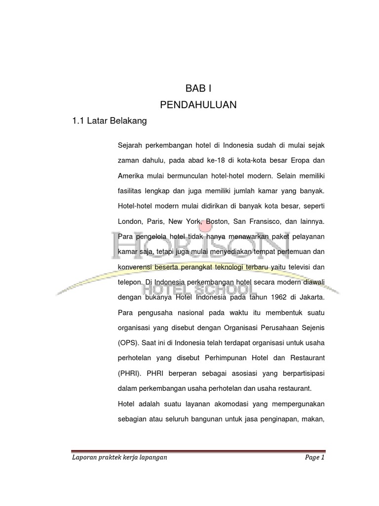 Laporan Hasil Praktik Kerja Lapangan Swissbelhotel Azati Isma Docx