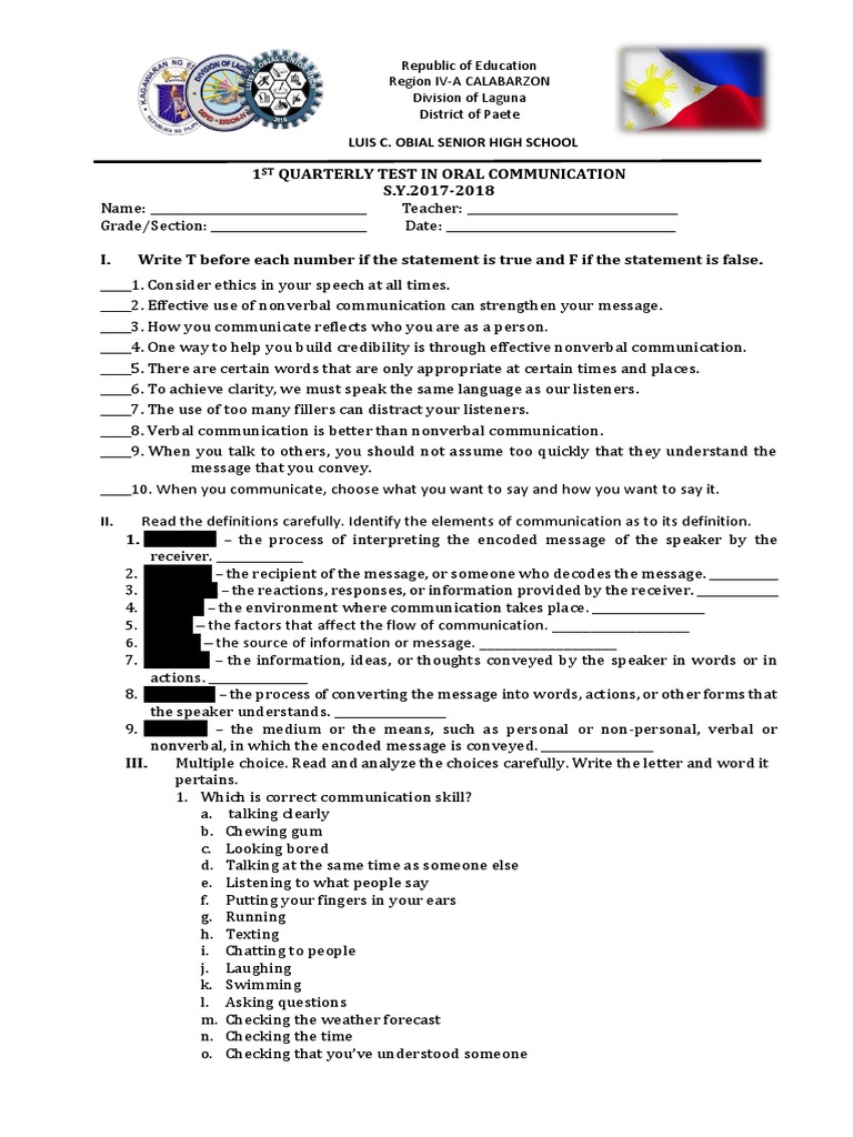 LONGTEST SHS Oral Com Chapter 1 | PDF | Nonverbal Communication ...