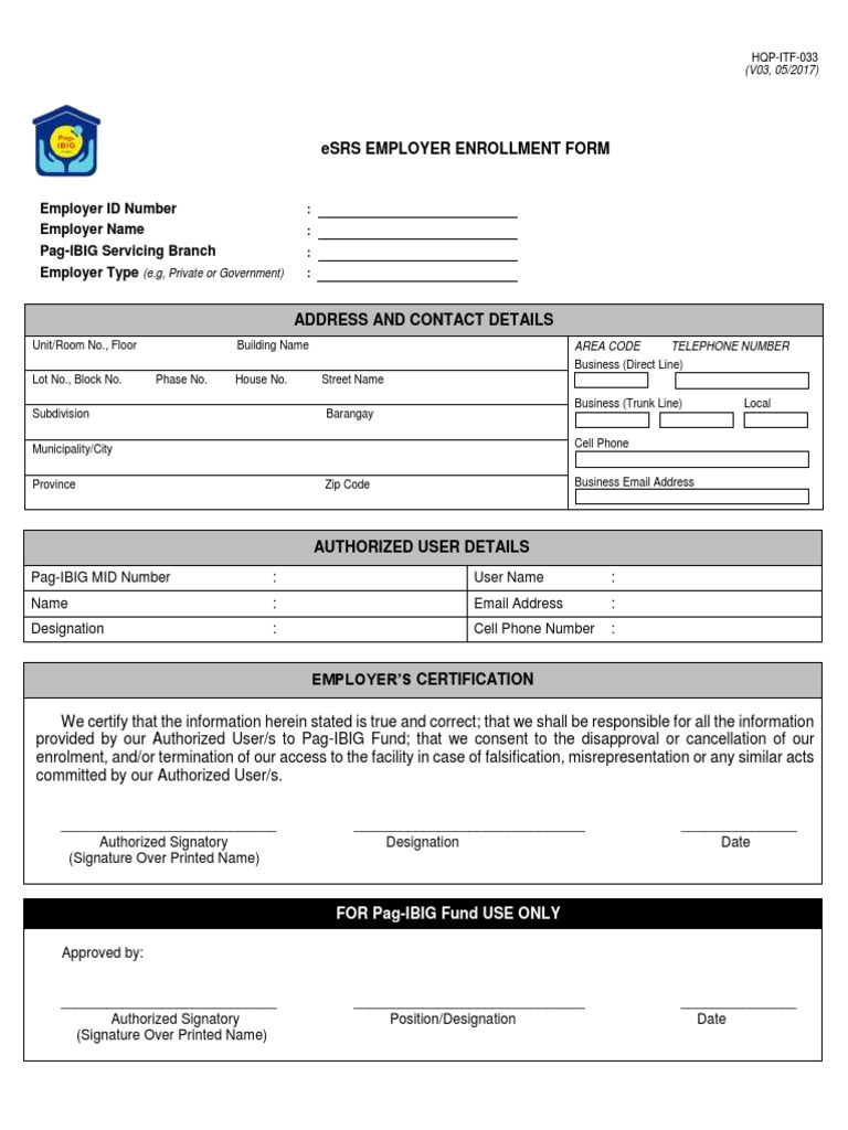 Esrs employer enrollment form employer id number employer name pag