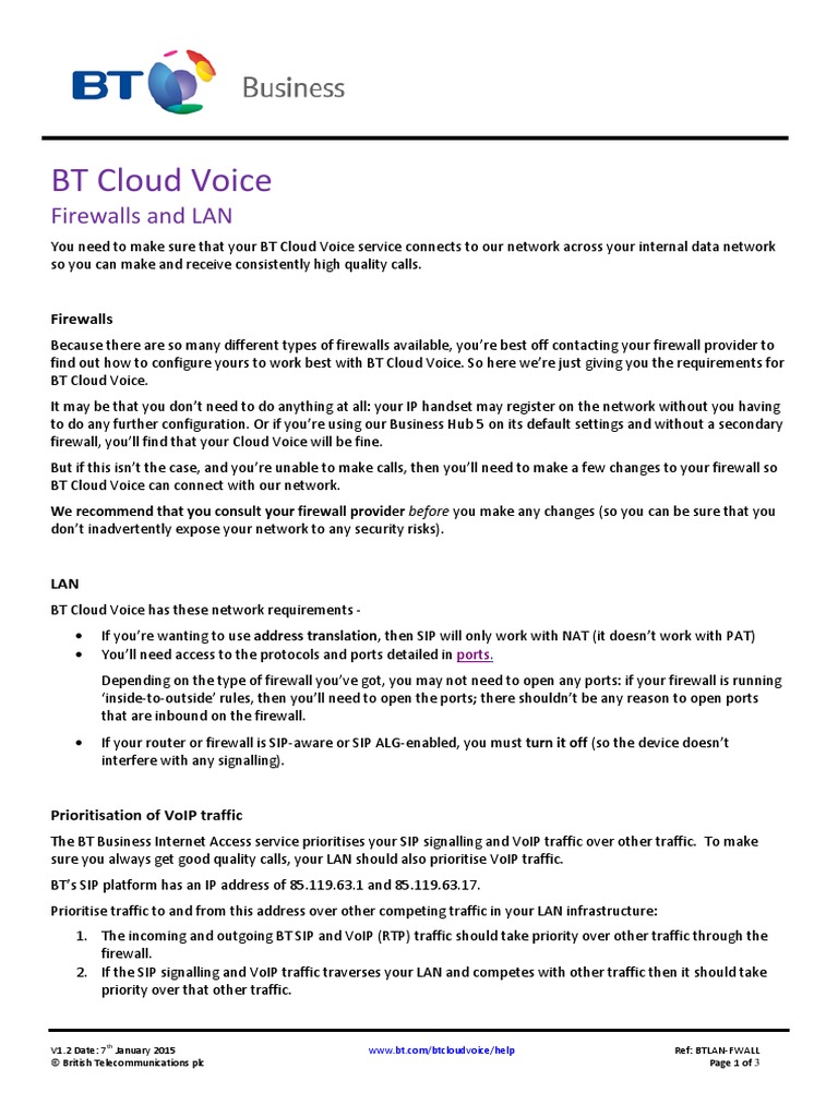 BT Cloud Voice Customer Firewall and Lan Guide PDF Session