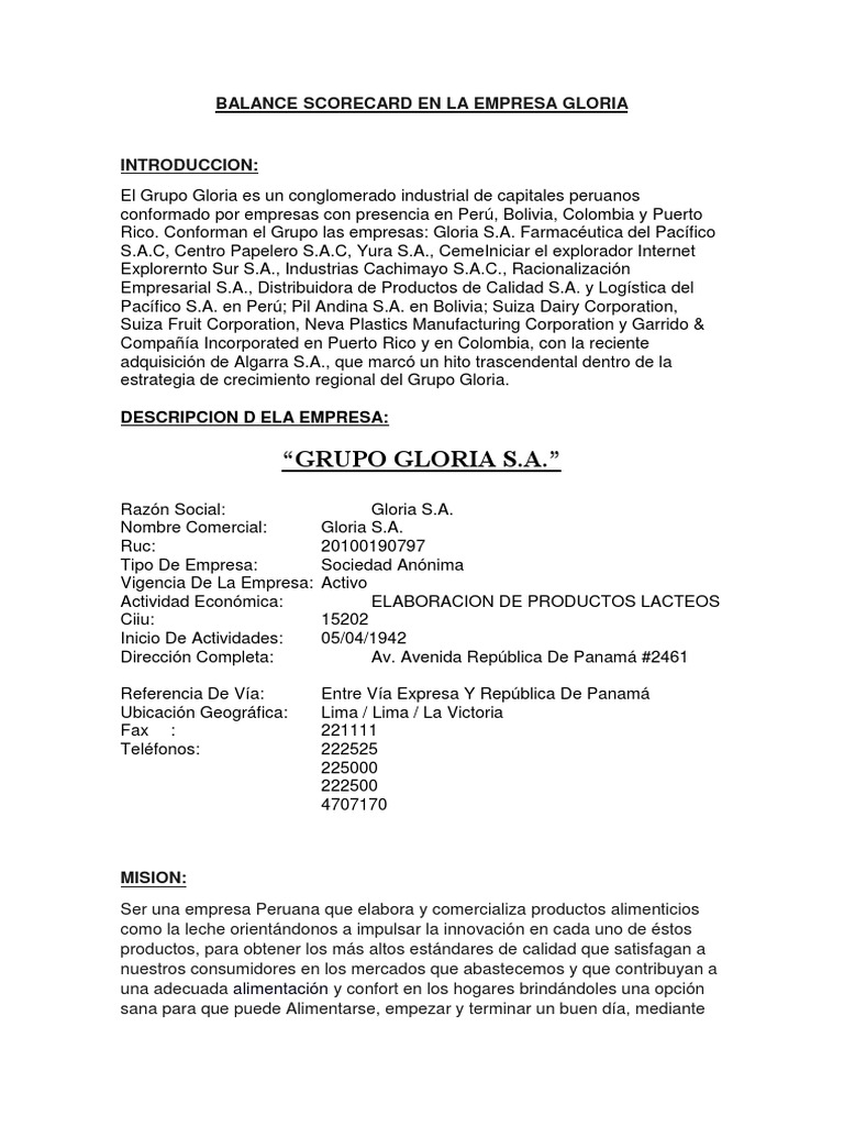 Balance Scorecard en La Empresa Gloria | PDF | Liderazgo | Cliente