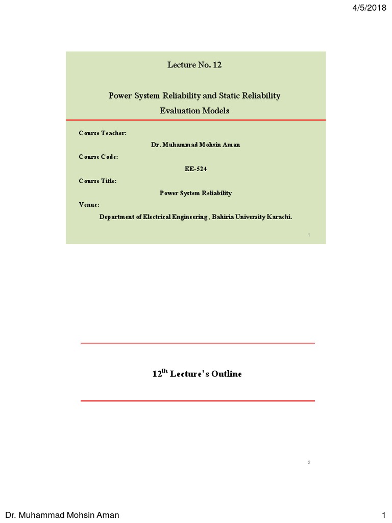 Lecture No. 12 Power System Reliability and Static Reliability