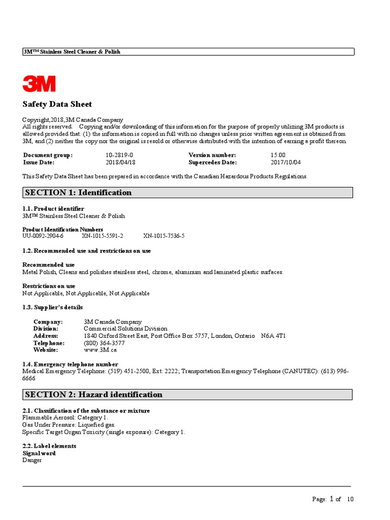 3M Stainless Steel Cleaner & Polish Toxicity Volatile Organic Compound