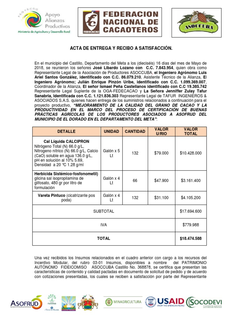 Acta de Entrega y Recibo a Satisfacción Asociación Insumos Castillo