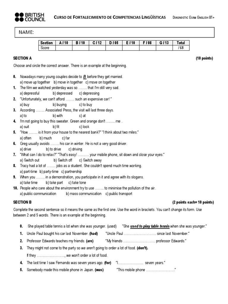 B2 English Diagnostic Exam Overview | PDF | Gym