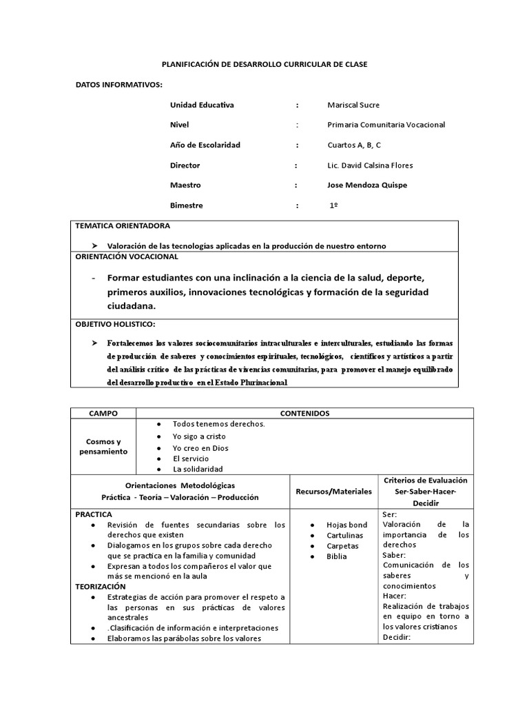 Planificación de Desarrollo Curricular de Clase | PDF | Educación ...