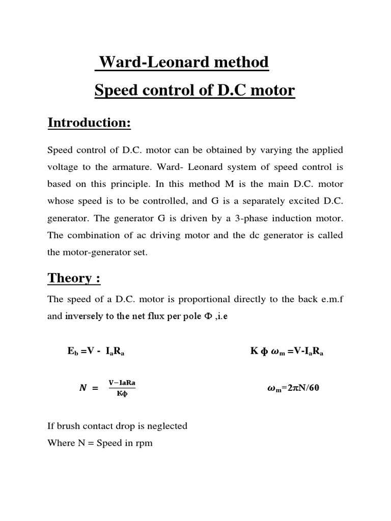 An InDepth Look at the WardLeonard Speed Control Method for DC Motors PDF Electric