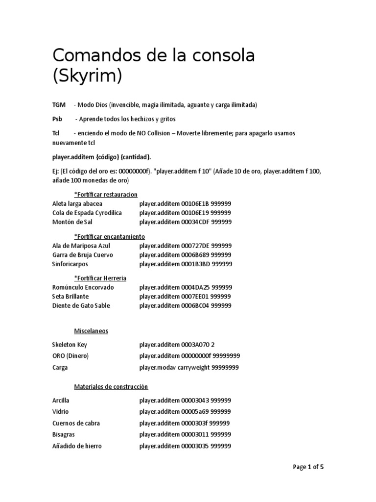 Comandos De La Consola Skyrim Sports