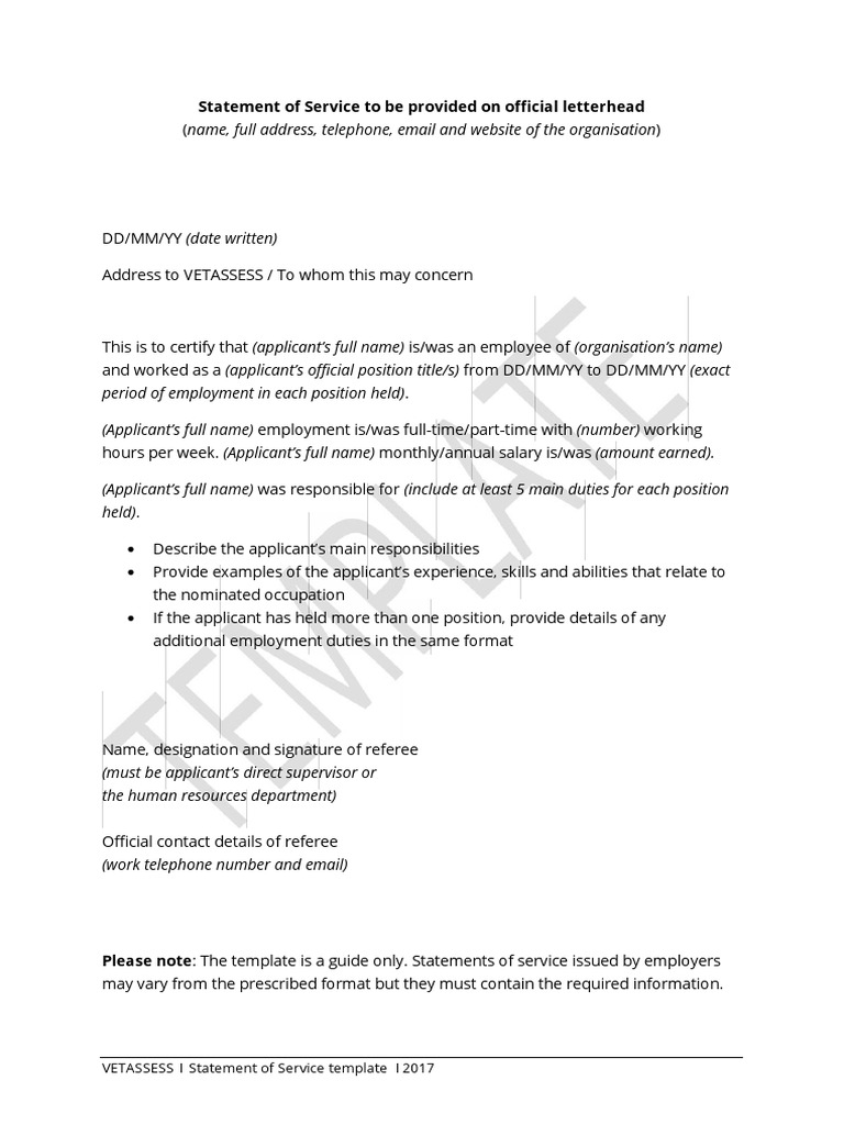 VETASSESS Statement of Service Template  PDF  Employment  Labor