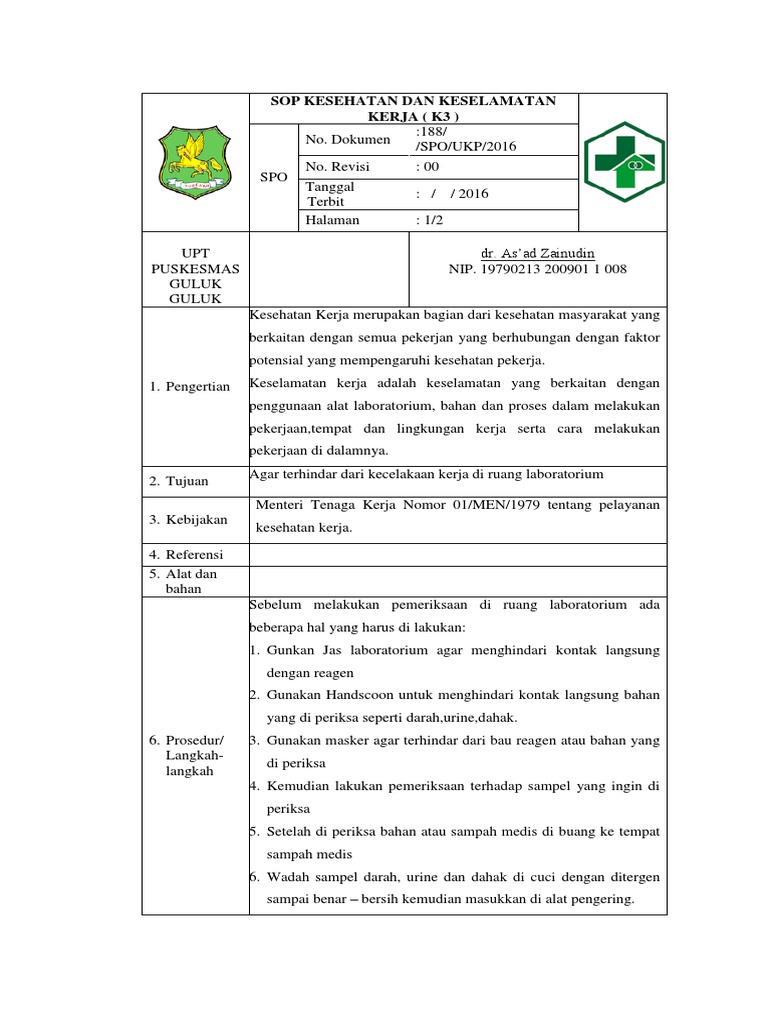 Sop Kesehatan Dan Keselamatan Kerja K3 Pdf