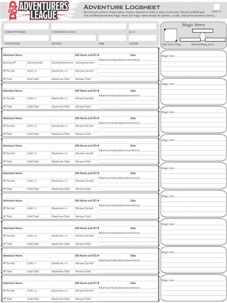 Adventurers League Log Sheet Form Fillable Small - Printable Forms Free ...