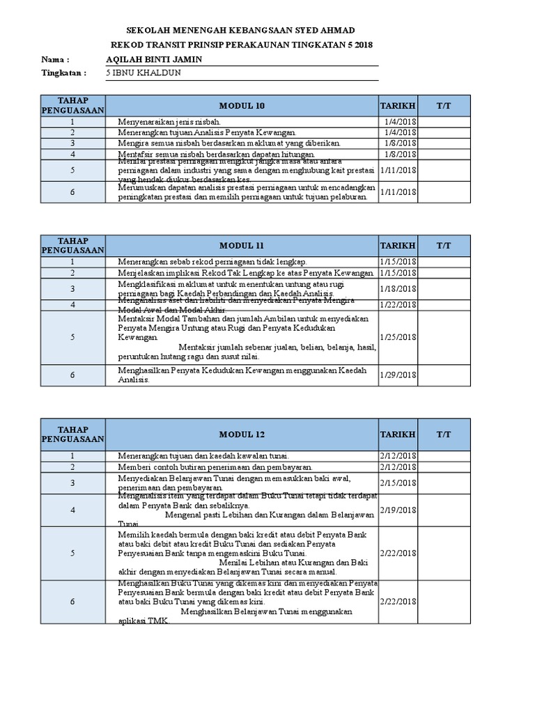 Rekod Transit Prinsip Perakaunan Ting 5 2018 | PDF