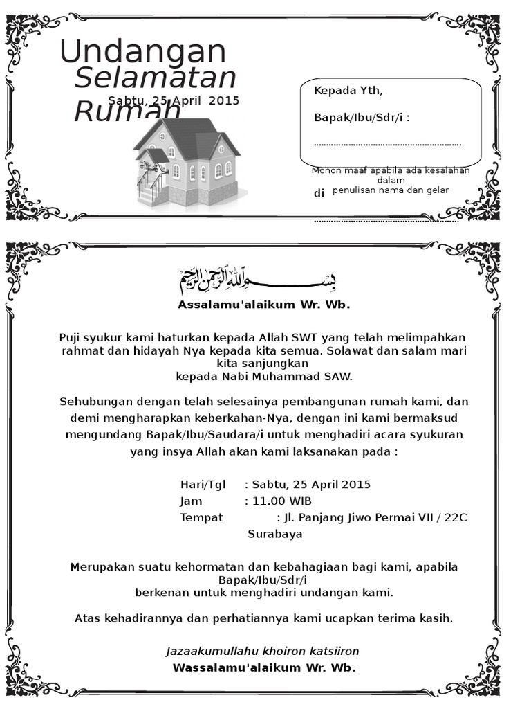 Contoh Surat Undangan Syukuran Rumah Baru