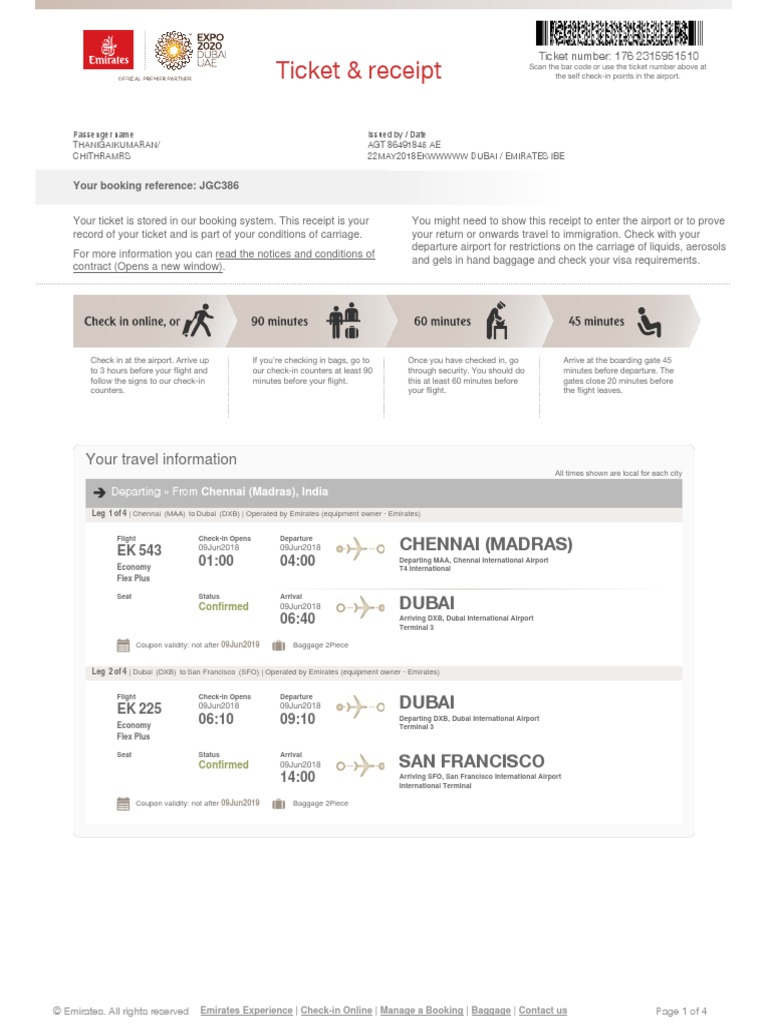 Emirates Ticket 1 PDF San Francisco International Airport Aviation
