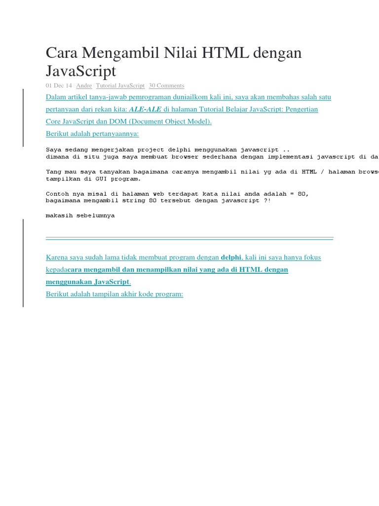 Cara Mengambil Nilai HTML Dengan JavaScript | PDF