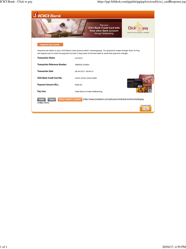 Icici Bank Click To Pay 5250 Receipt