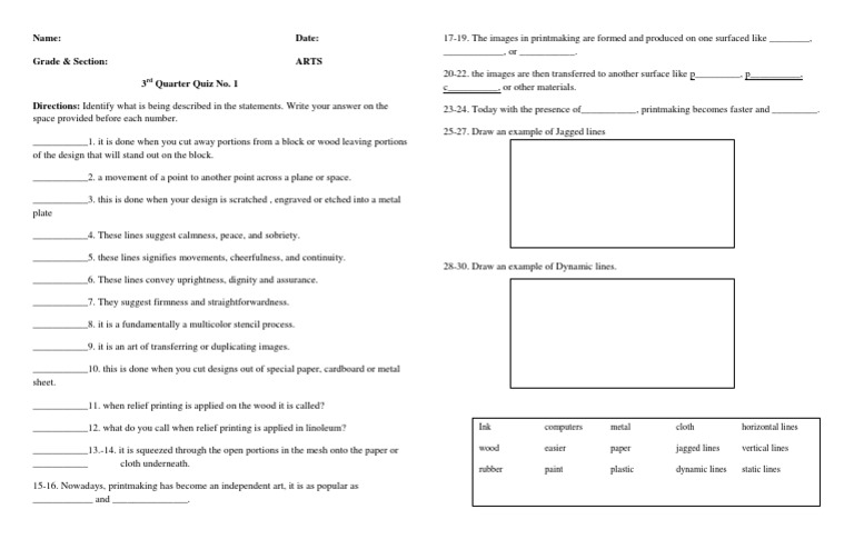 3rd Quarter Quiz in Arts Lines Printmaking PDF Printmaking