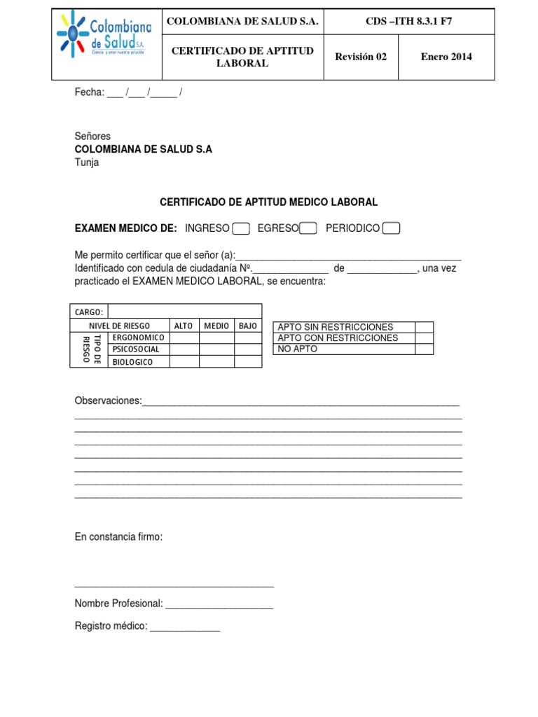 Certificado de Aptitud Medico Laboral PDF Bienestar Medicina