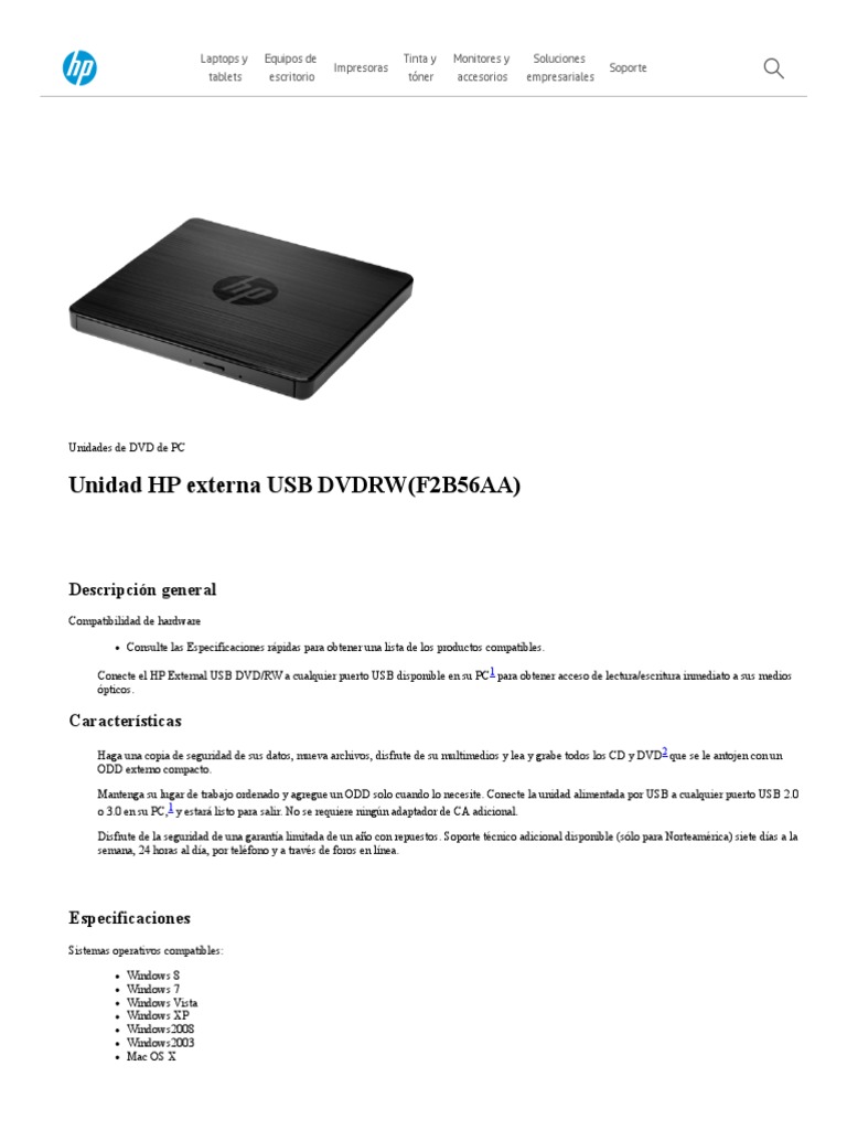 Unidad HP Externa USB DVDRW (F2B56AA) - HP® México | PDF | USB ...