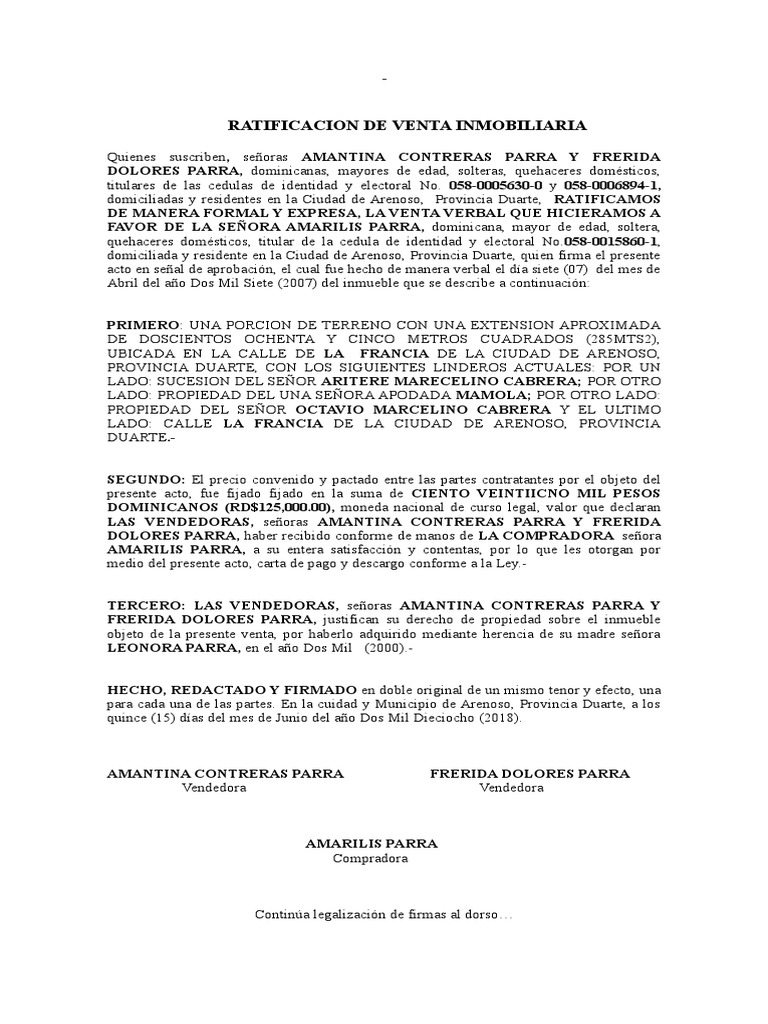 Ratificacion de Venta Inmobiliaria de Amarilis Parra | PDF | República  Dominicana | Gobierno