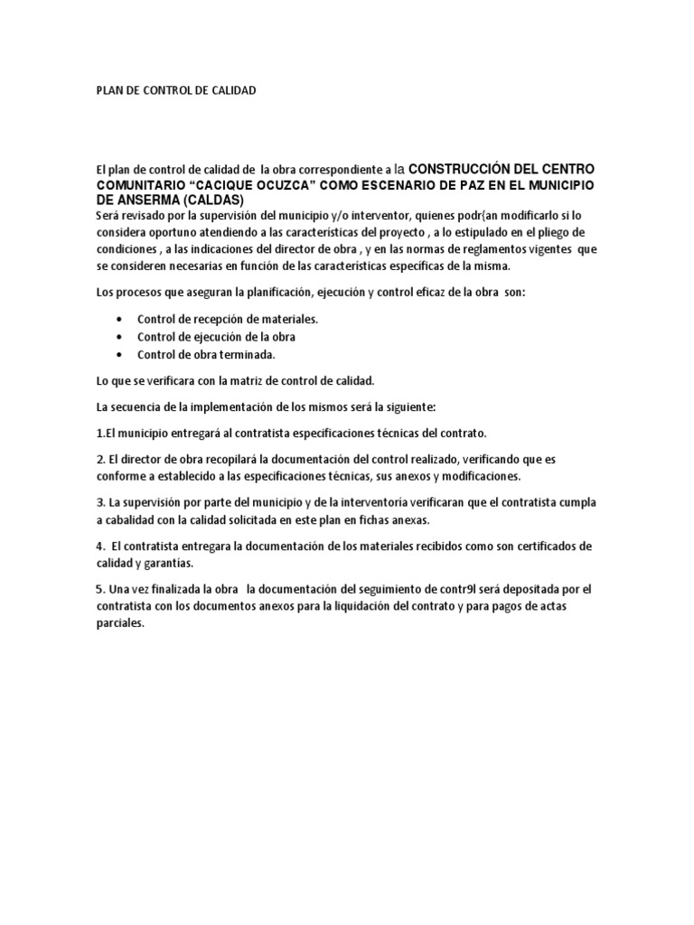 Plan de Control de Calidad en Construcción | PDF | Hormigón | Ingeniería