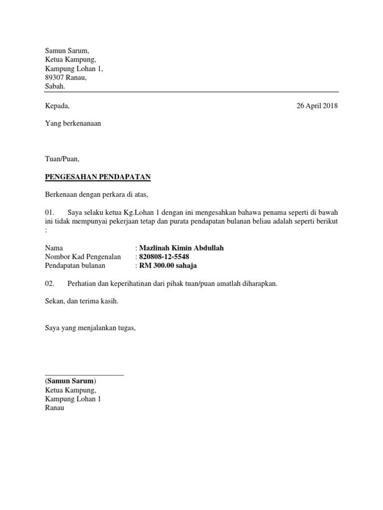 Pengesahan Pendapatan Oleh Ketua Kampung  PDF