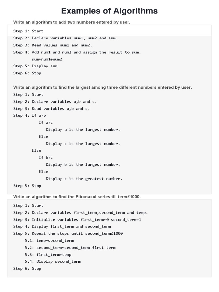 Examples of Algorithms: Write An Algorithm To Add Two Numbers Entered ...
