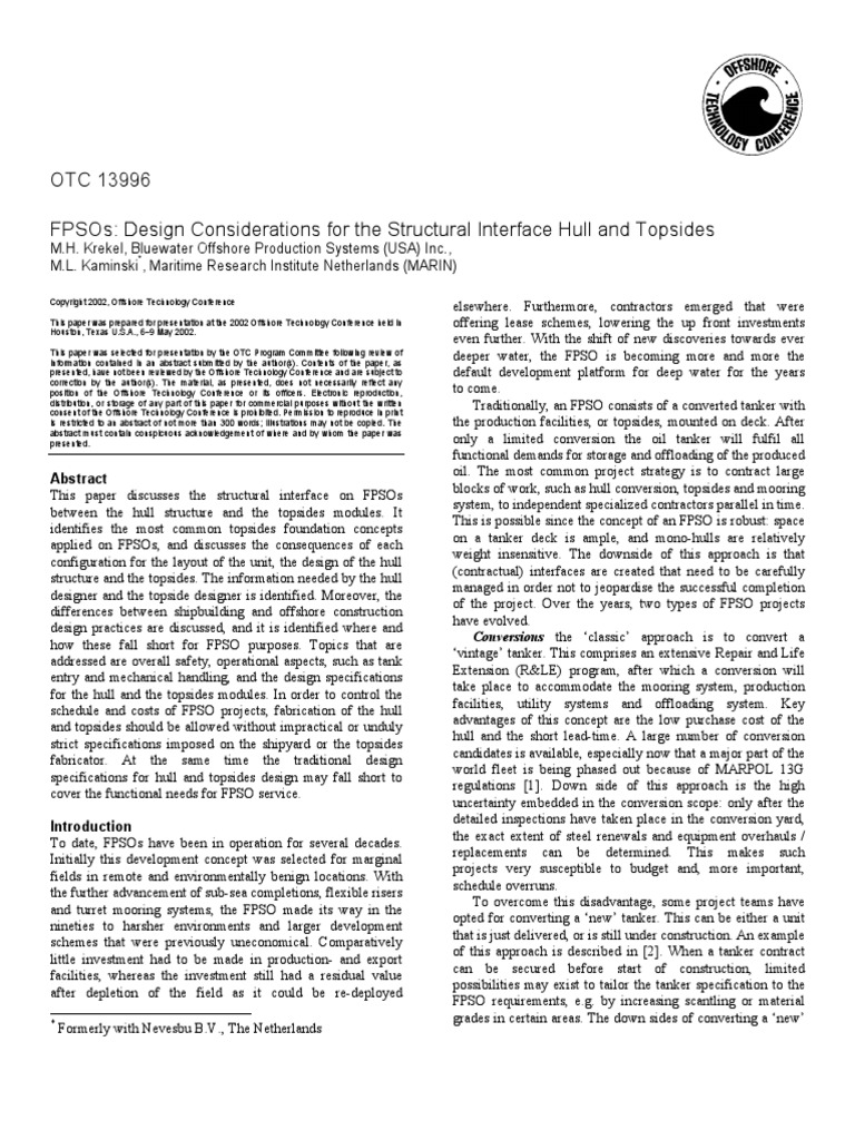 FPSOs Design Considerations For The Structural Interface Hull and ...