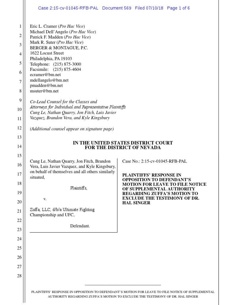 Plaintiffs Response in Opposition To Zuffa's Motion To File