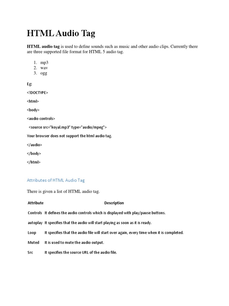 HTML Audio Tag: HTML Audio Tag Is Used To Define Sounds Such As Music ...