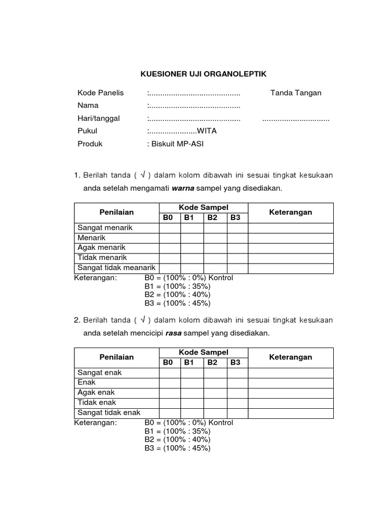 Kuesioner Uji Organoleptik Biskuit MP-ASI | PDF