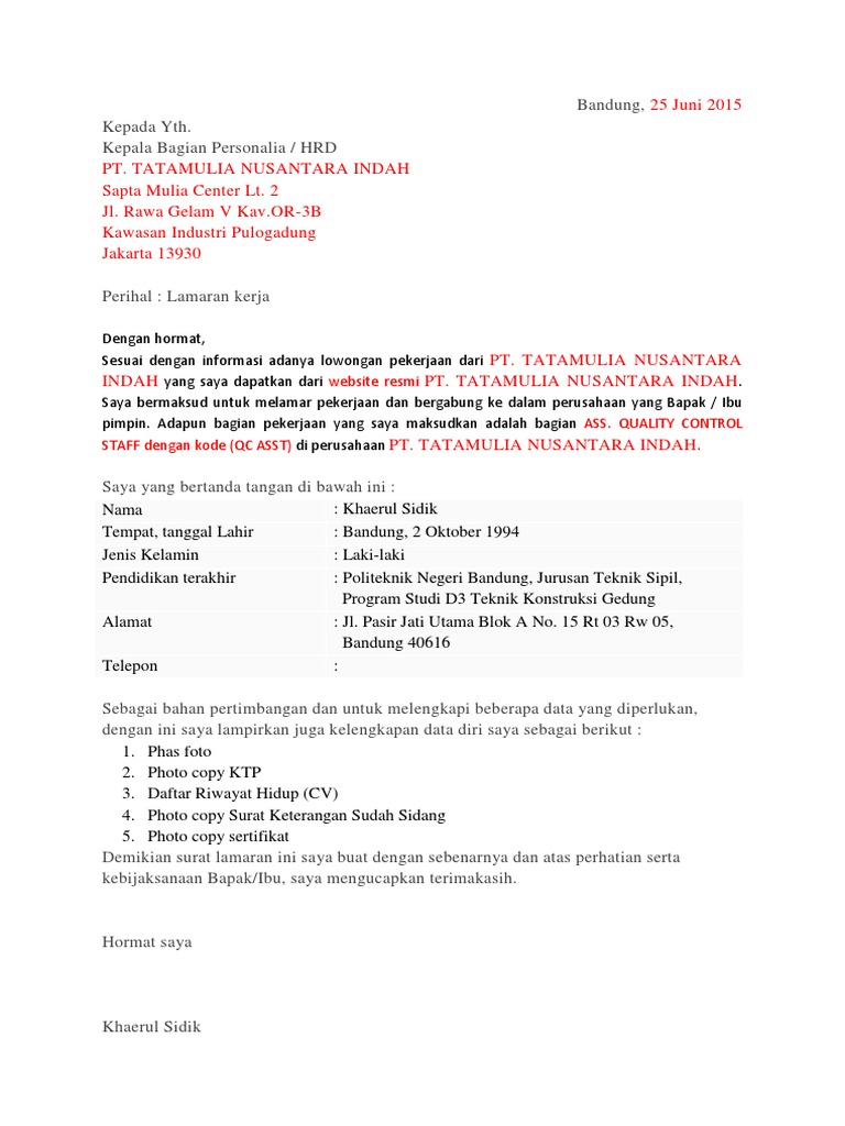 Download 60+ Contoh Surat Surat Lamaran Kerja Quality Control Terbaru Gratis