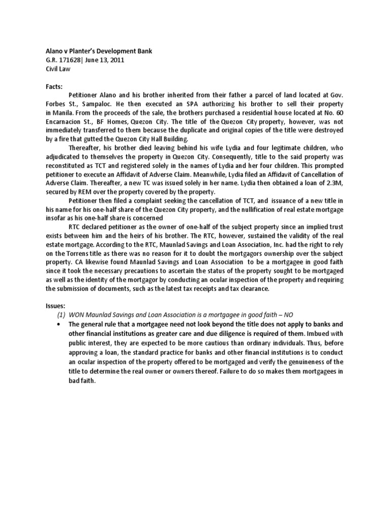 Alano v Planter’s Bank Mortgage Ruling PDF Mortgage Law Justice