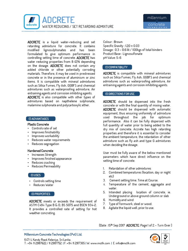 ADCRETE: Concrete Admixture Overview | PDF | Fly Ash | Concrete