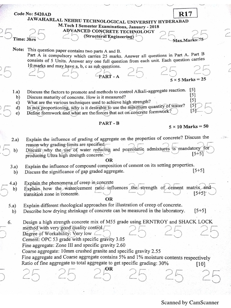 JNTUH Mtech Advance Concrete Technology question paper
