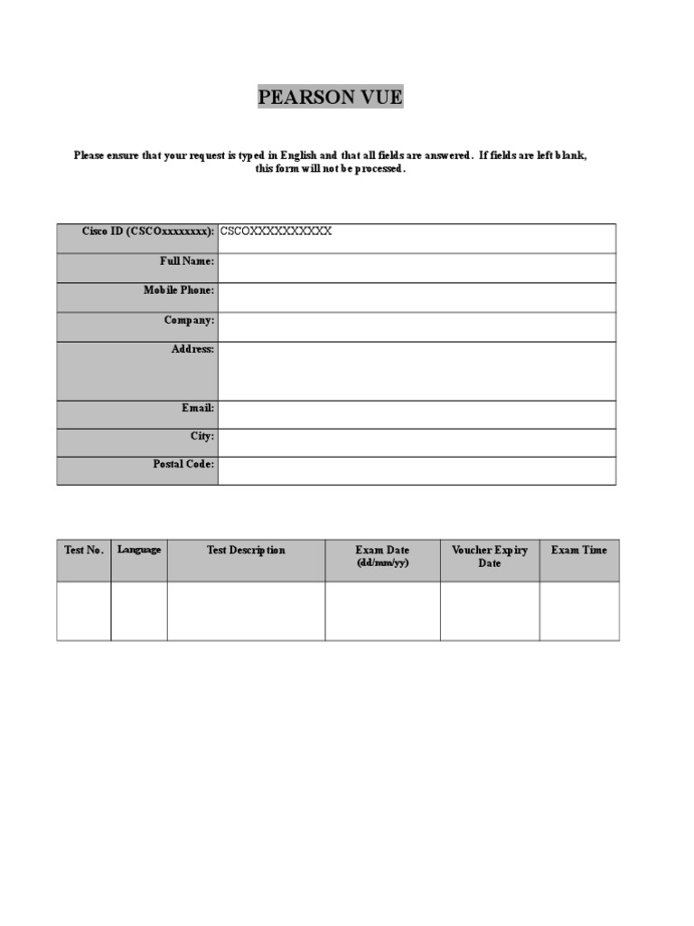 Pearson VUE Exam Request Form | PDF