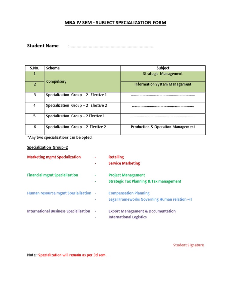 MBA IV Semester Specialization Form | PDF