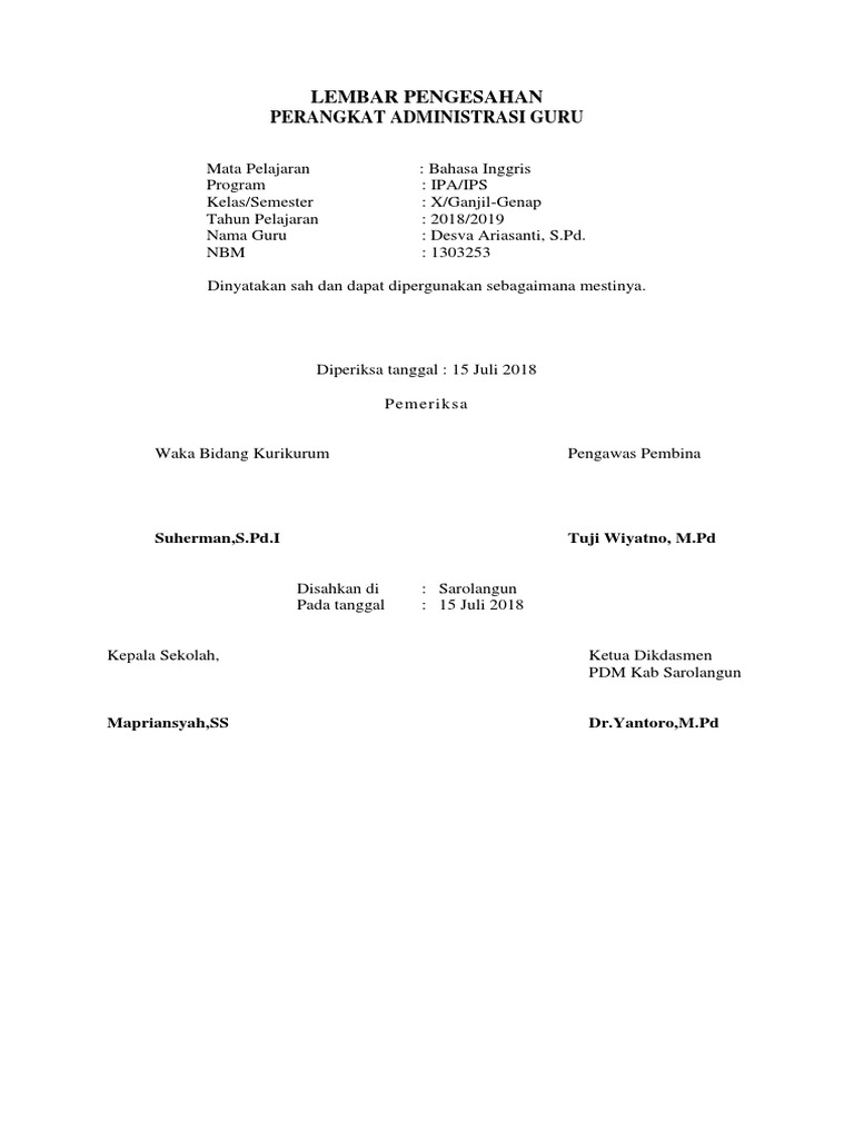 Lembar Pengesahan Dan Pemeriksaan RPP 2018 B.inggris