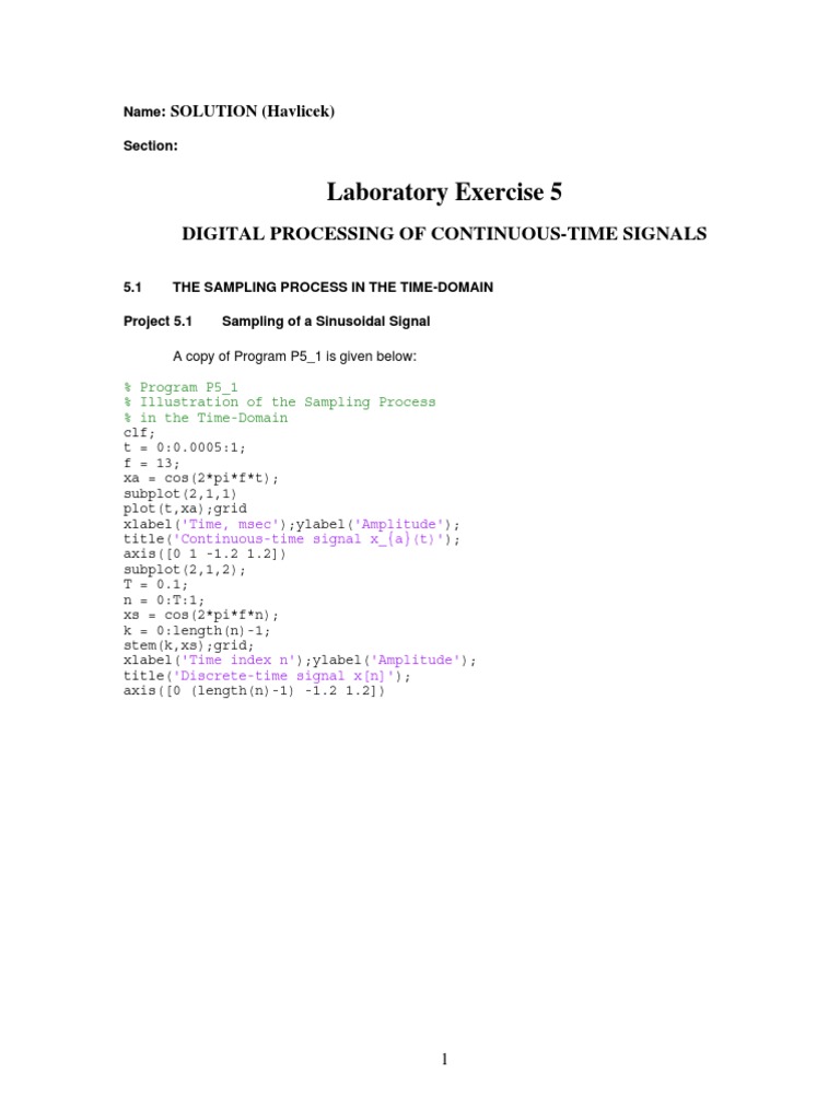 Laboratory Exercise 5 Digital Processing of ContinuousTime Signals