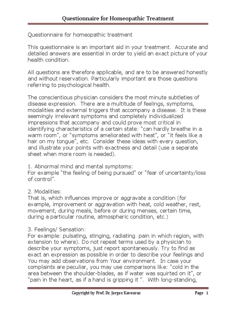 Questionnaire Homeopathy English 2017 Edited PDF Taste Urination