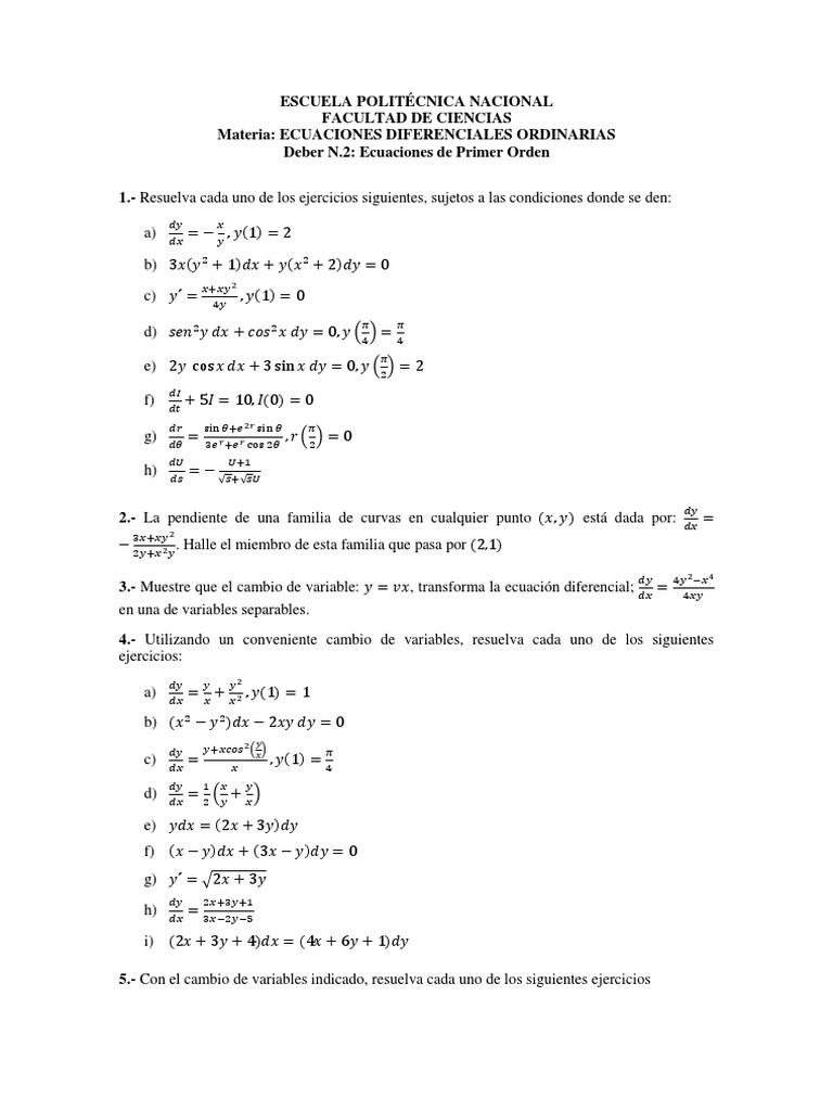 Deber 2 Ecuacion Primer Orden Pdf Ecuaciones Integral